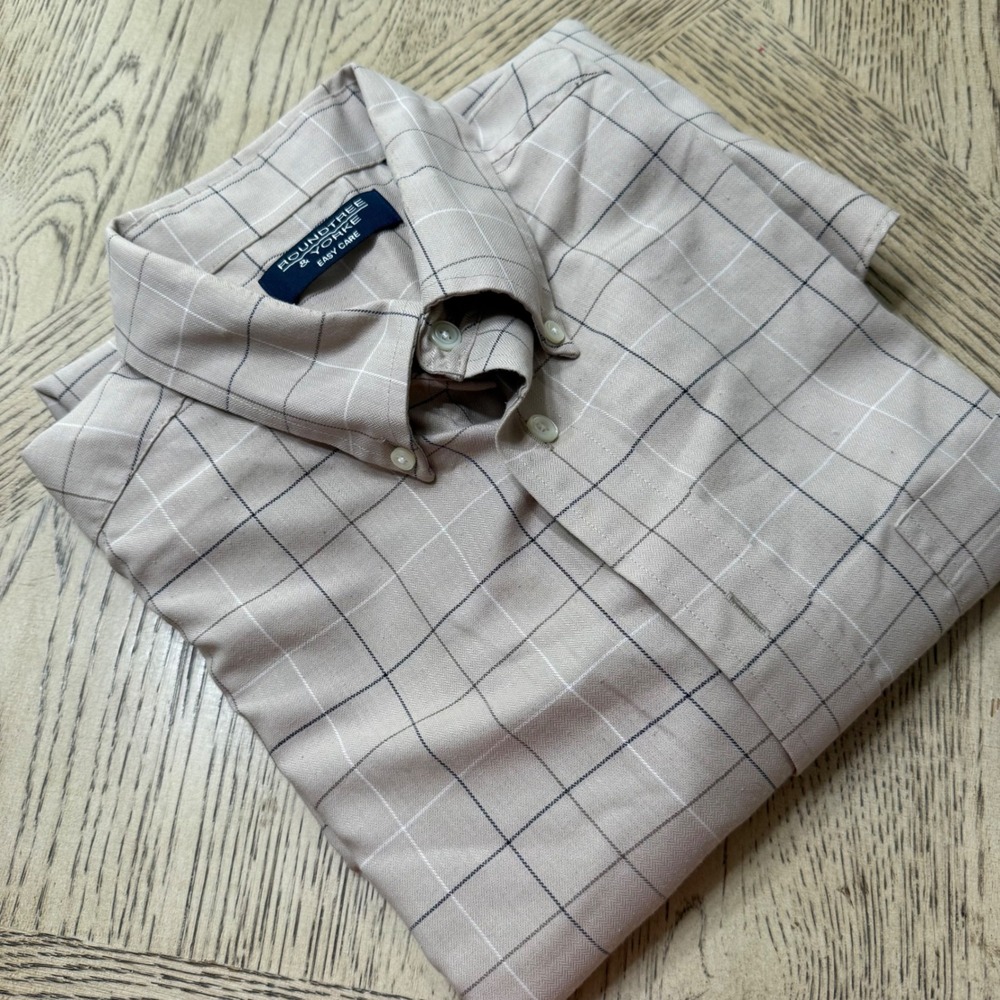 Roundtree & Yorke Mens Large Tan Plaid Easy Care Button Down Shirt